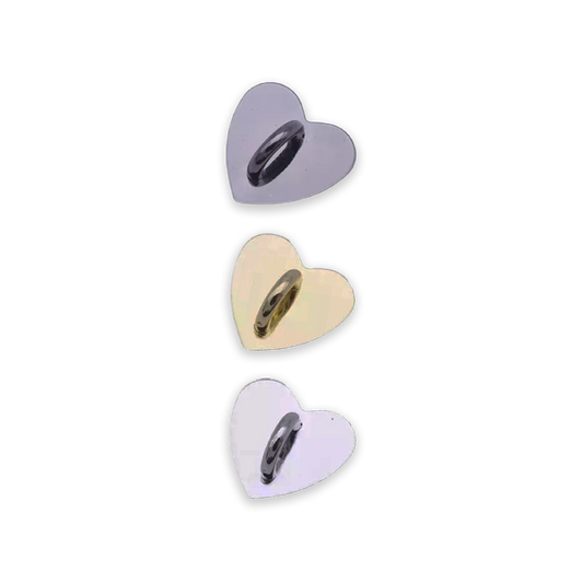 Three heart hooks are lined up from top to bottom, in the respective colors: gold, silver, and black chrome.