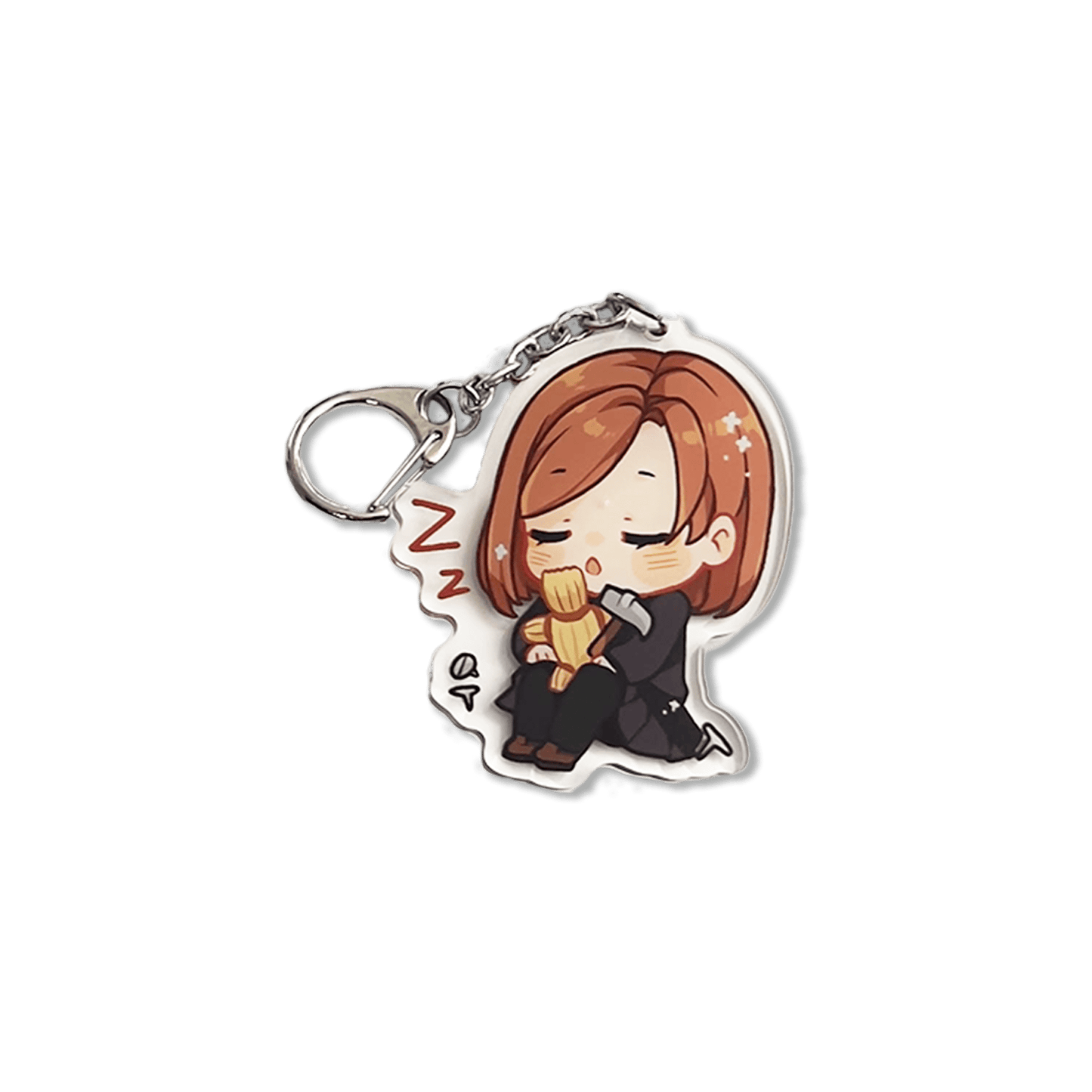 clear acrylic keychain featuring nobara kugisaki from jujutsu kaisen sleeping holding her cursed tools