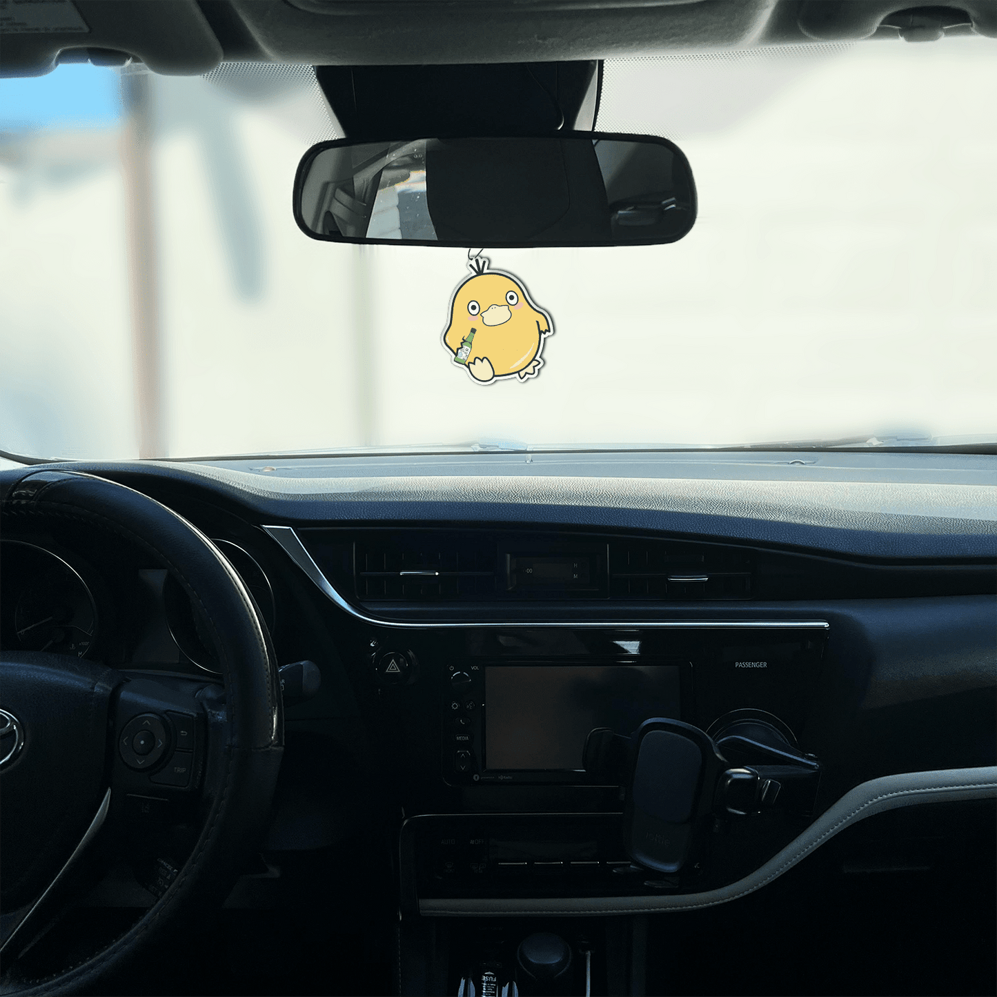 black ice scented design featuring duck holding soju air freshener, decorative hanging car accessory with fragrance.
