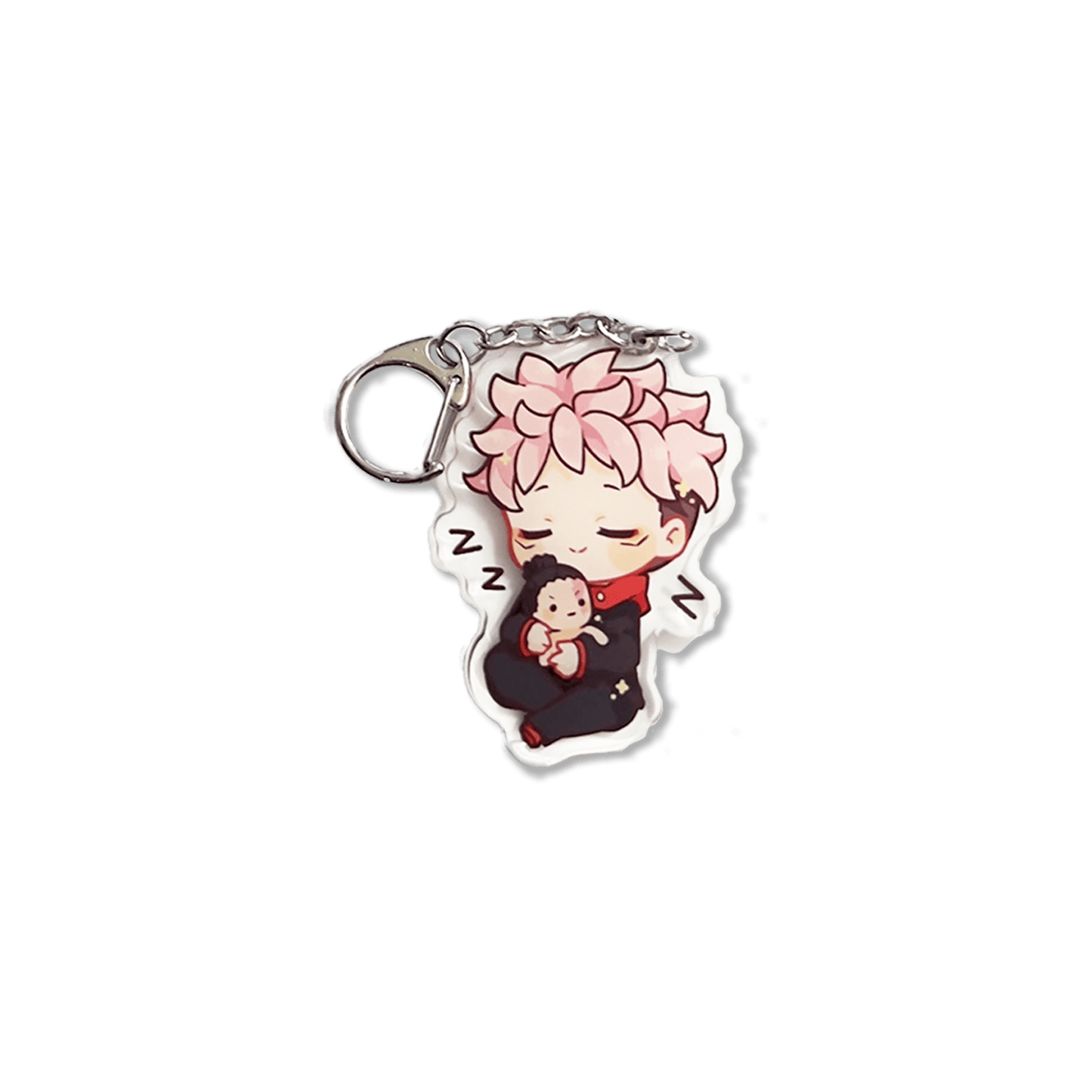 clear acrylic keychain featuring yuji itadori from jujutsu kaisen sleeping hugging best friend todo plushie