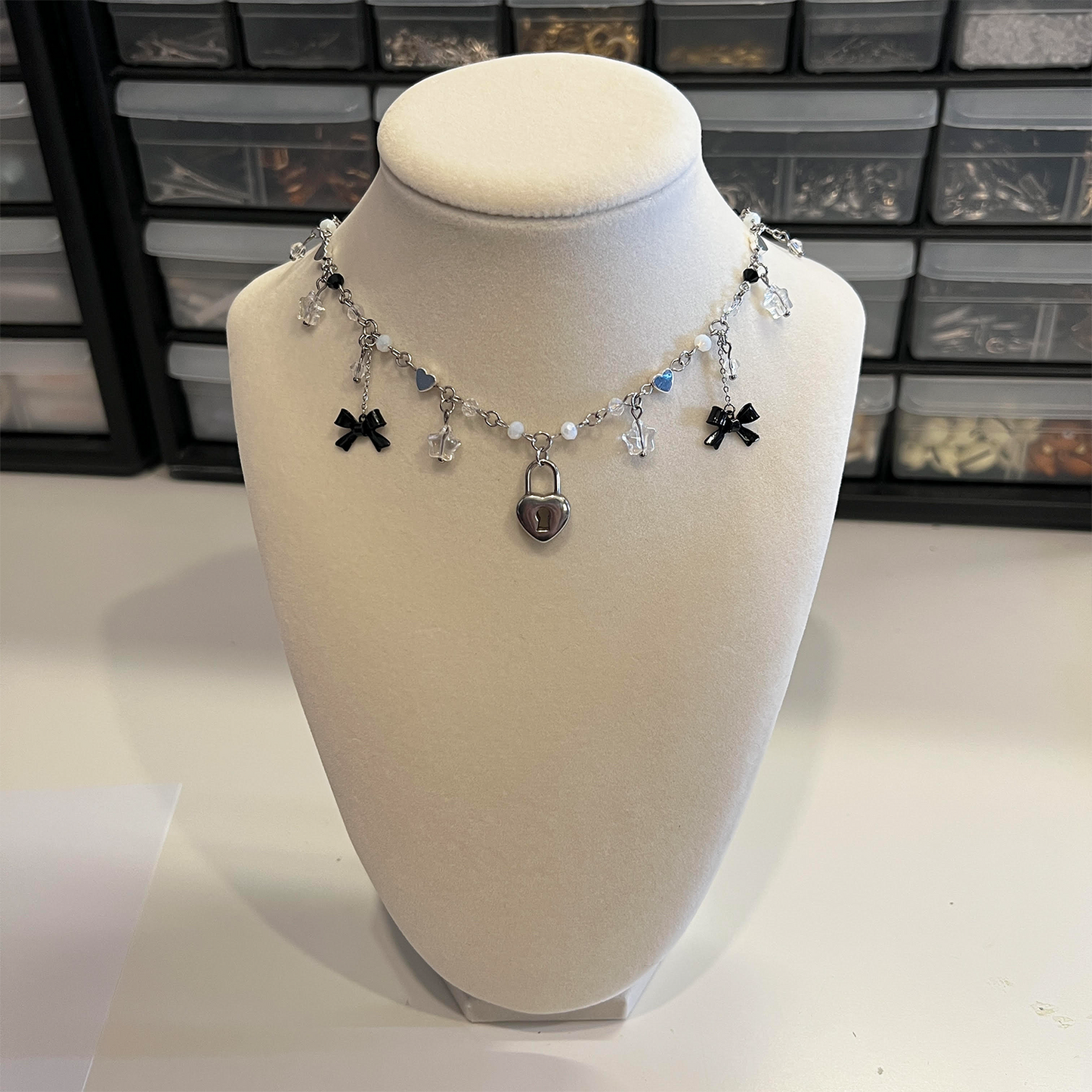 DAINTY HEART ON LOCK { BLACK } BOW NECKLACE