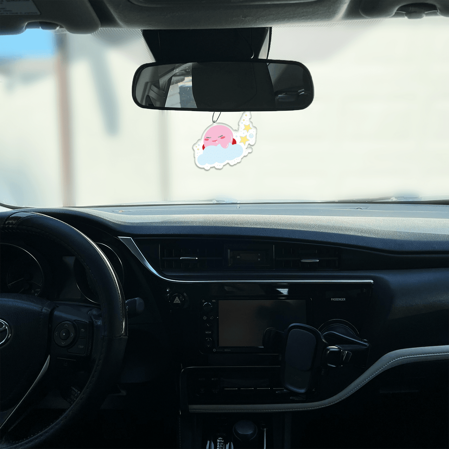 lavender scented design featuring pink puff ball on a cloud air freshener, decorative hanging car accessory with fragrance.