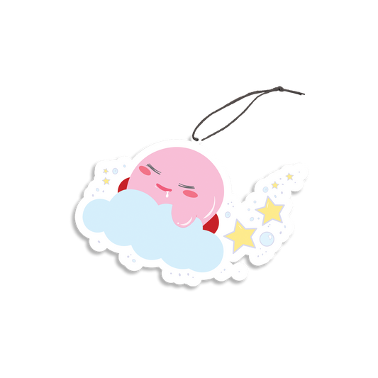 Sleeping Kirby Air Freshener design features Kirby sleeping on a cloud ornamented with stars and bubbles, meanwhile drooling while he snores.