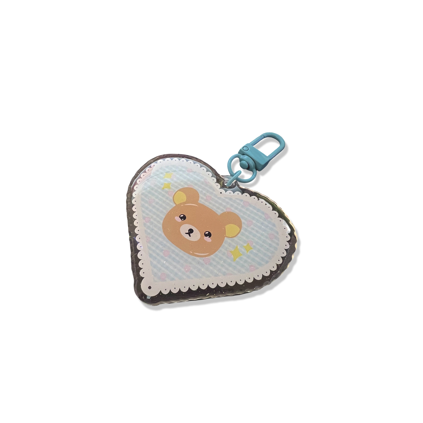 Brown bear acrylic keychain with micro-glitter finish and blue hook.