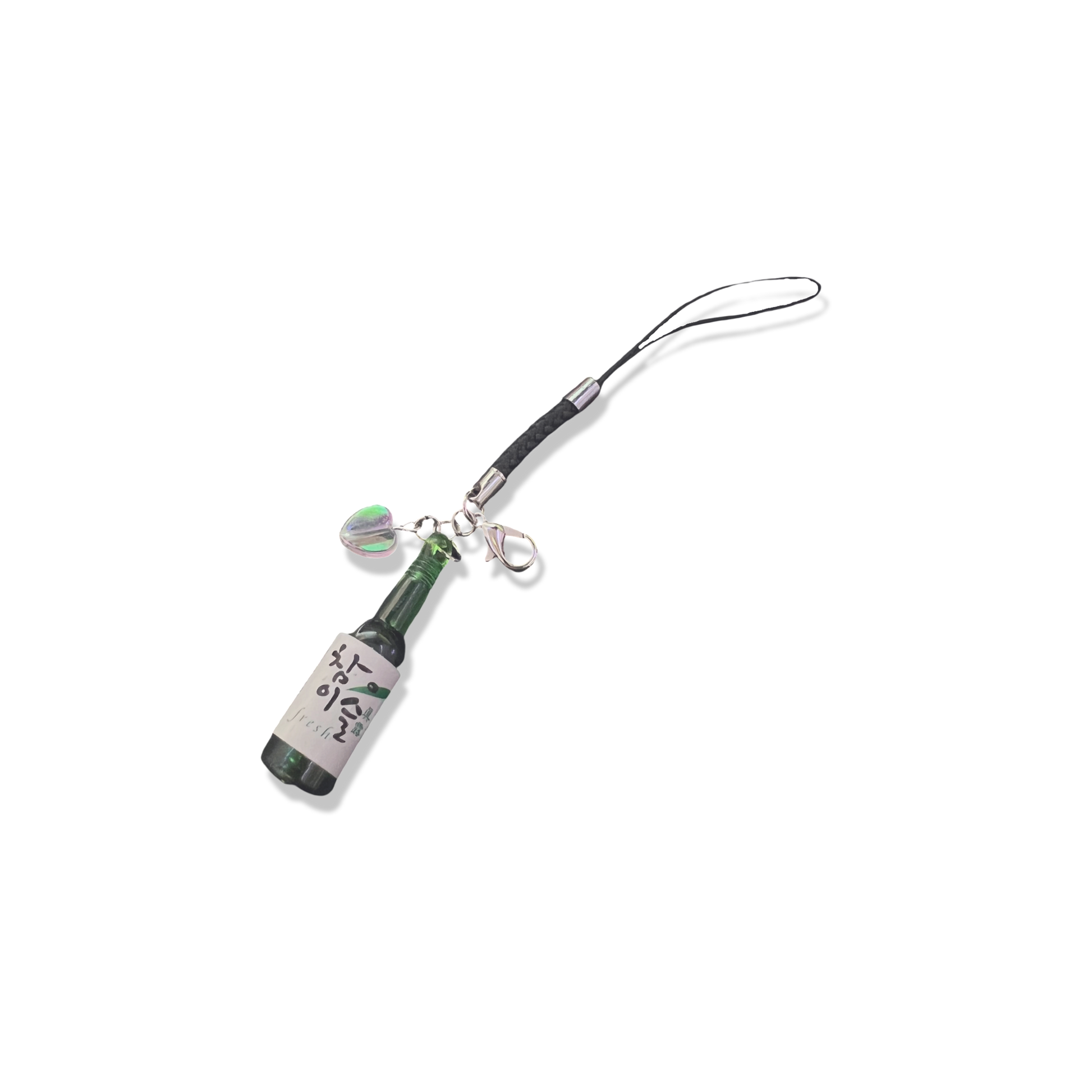 Green soju bottle charm with holographic heart bead and black braided phone strap.