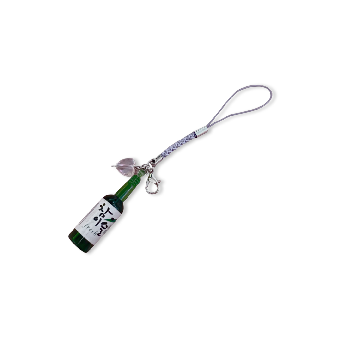 Green soju bottle charm with holographic heart bead and purple braided phone strap.