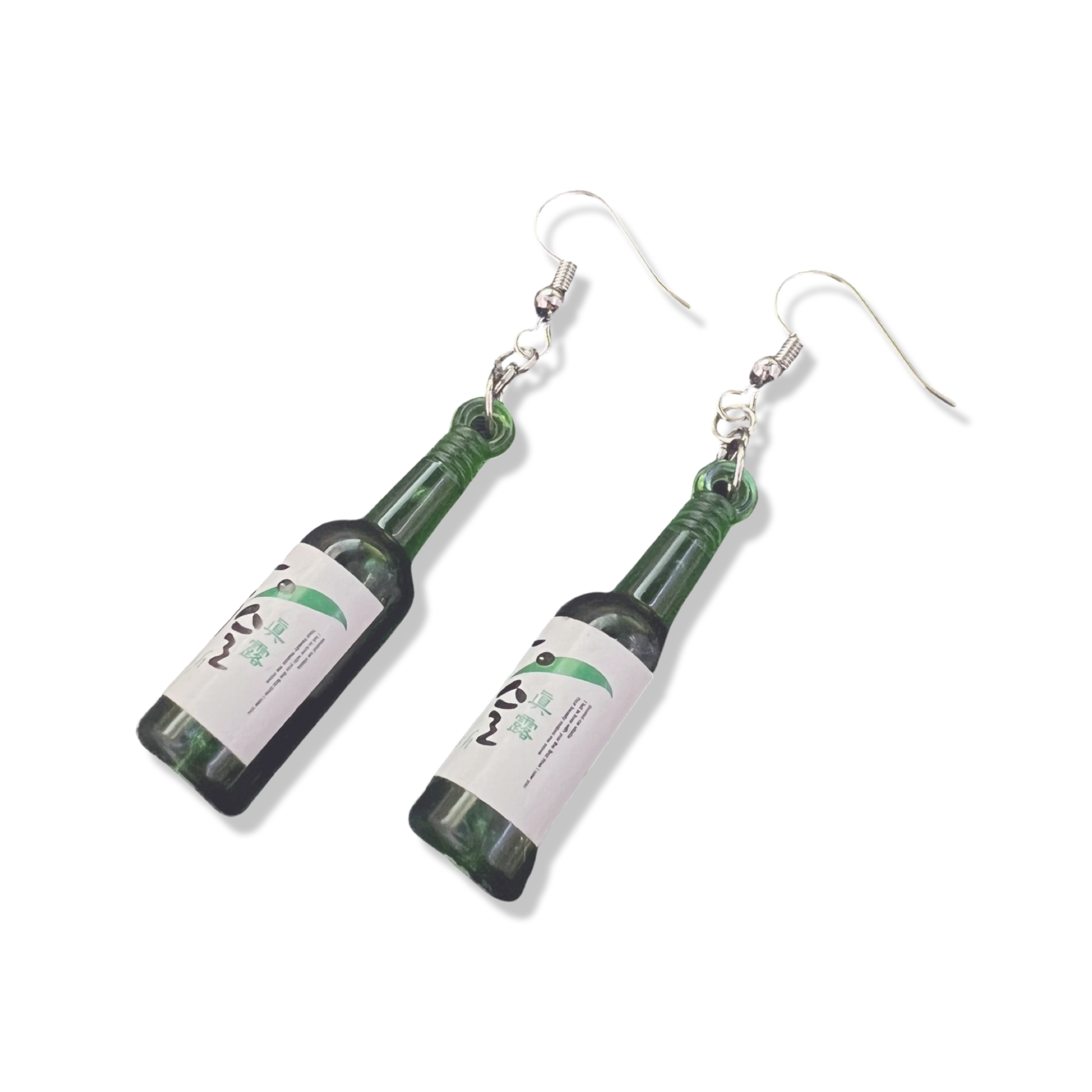 Green soju bottle earrings.