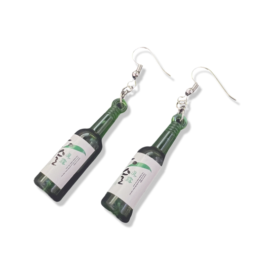 Green soju bottle earrings.