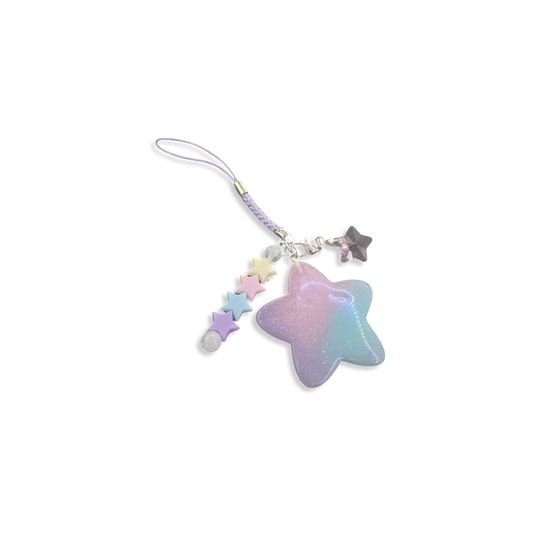 Star Resin Charm with star crystal and assorted pastel star beads with purple braided phone strap.