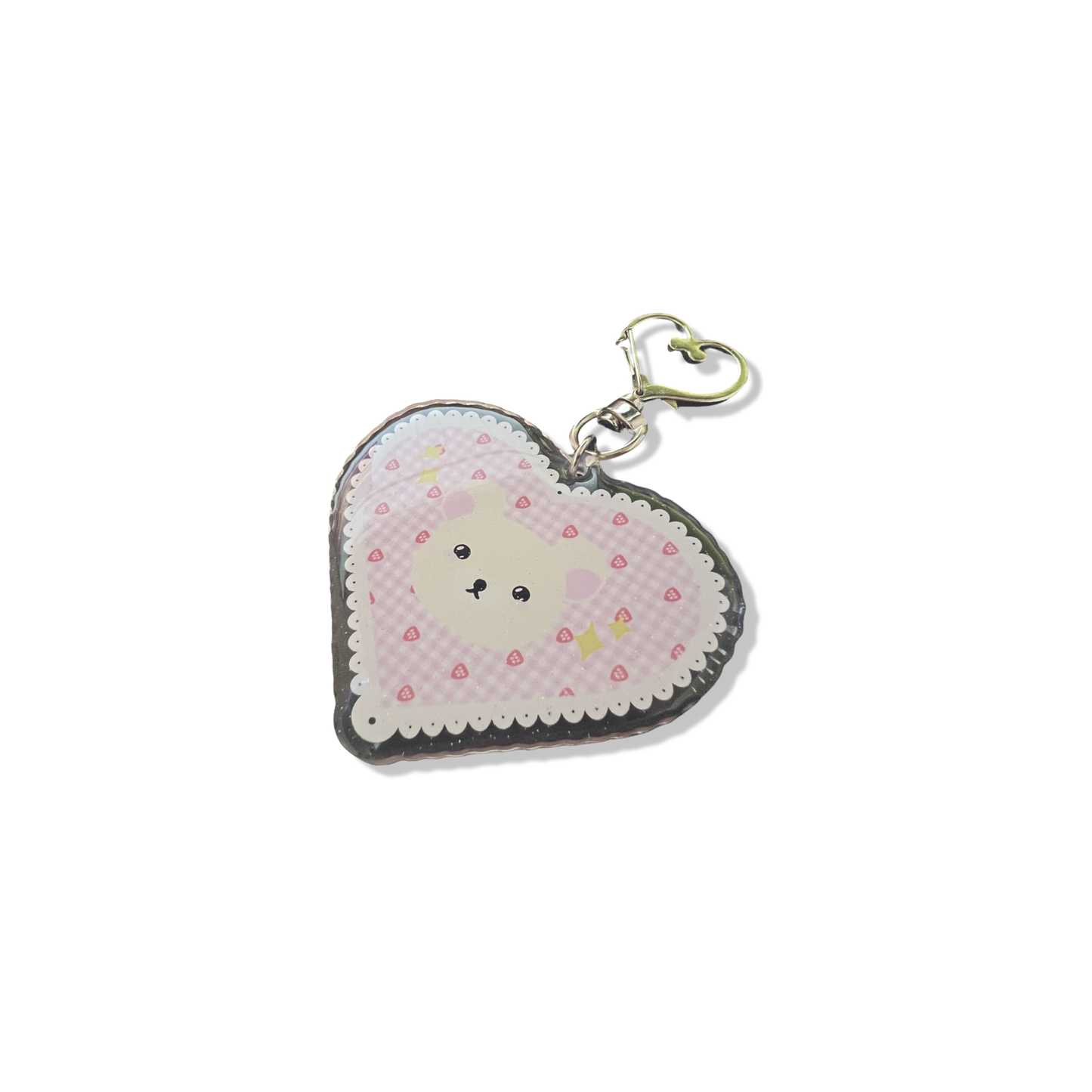 White bear acrylic keychain with micro-glitter finish and silver heart hook.