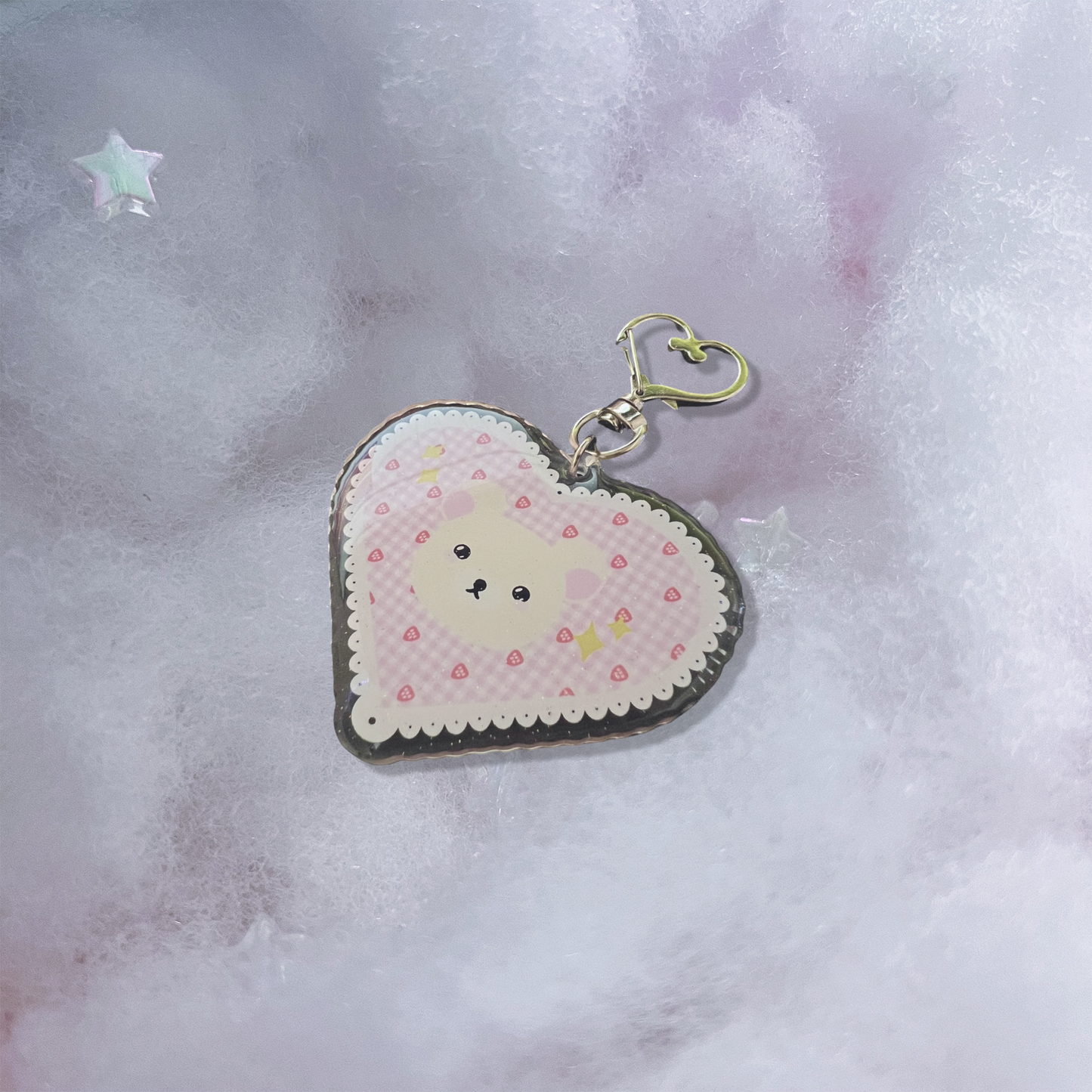 White bear acrylic keychain with micro-glitter finish and silver heart hook.