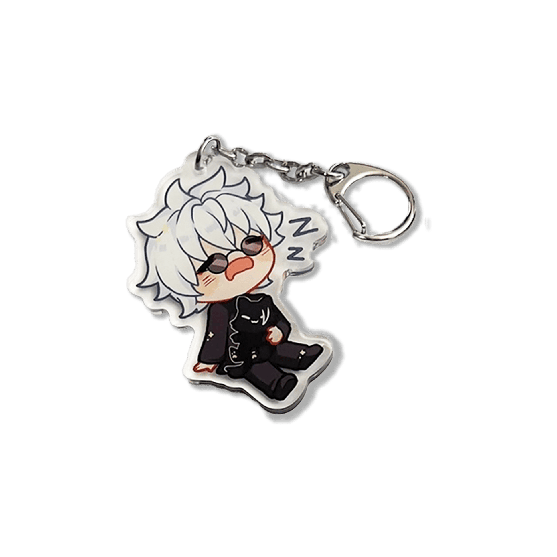 clear acrylic keychain featuring gojo satoru from jujutsu kaisen sleeping holding geto suguru cat