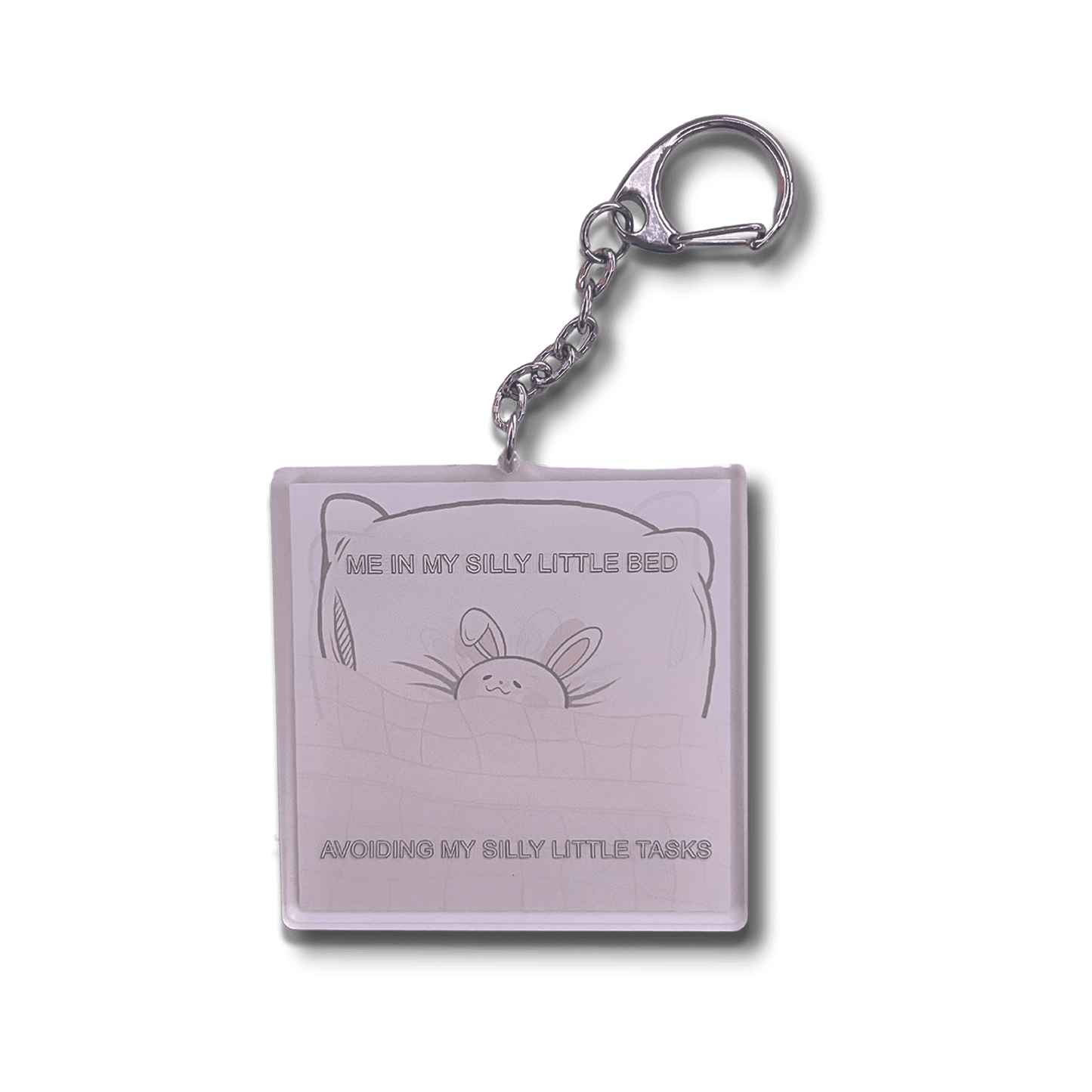 bunny in a bed kawaii acrylic keychain, lightweight charm for keys and bags.