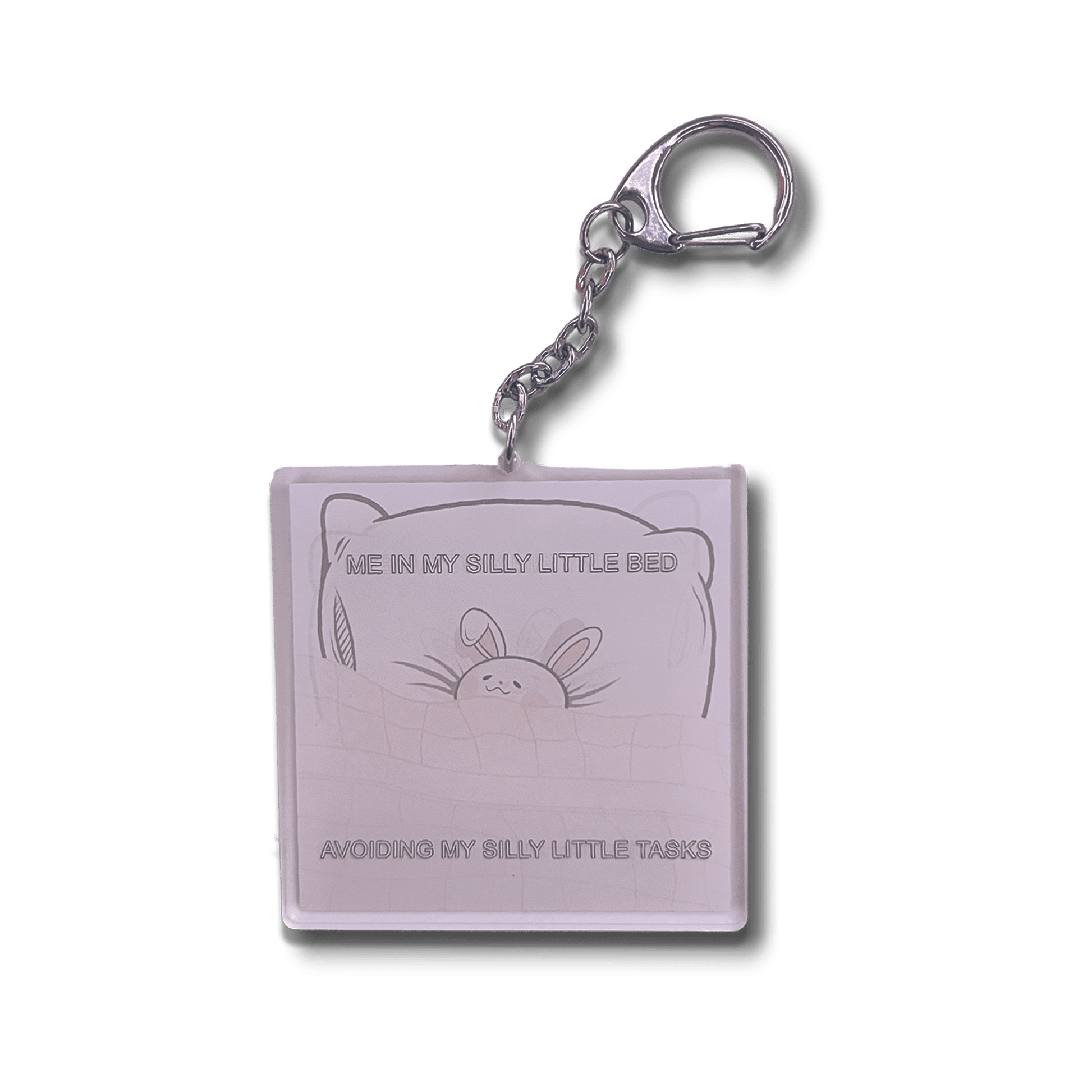 bunny in a bed kawaii acrylic keychain, lightweight charm for keys and bags.