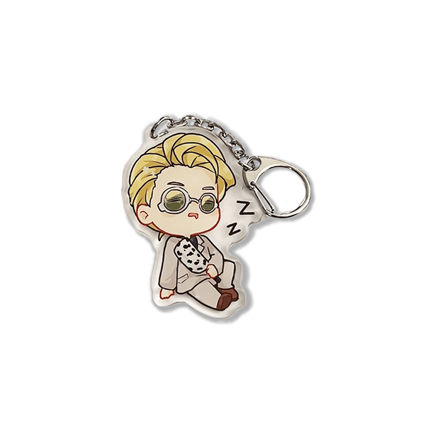 clear acrylic keychain featuring nanami kento from jujutsu kaisen sleeping holding his cursed weapon