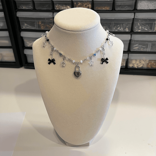 DAINTY HEART ON LOCK { BLACK } BOW NECKLACE - Usagi x Usagi, LLC - Jewelry
