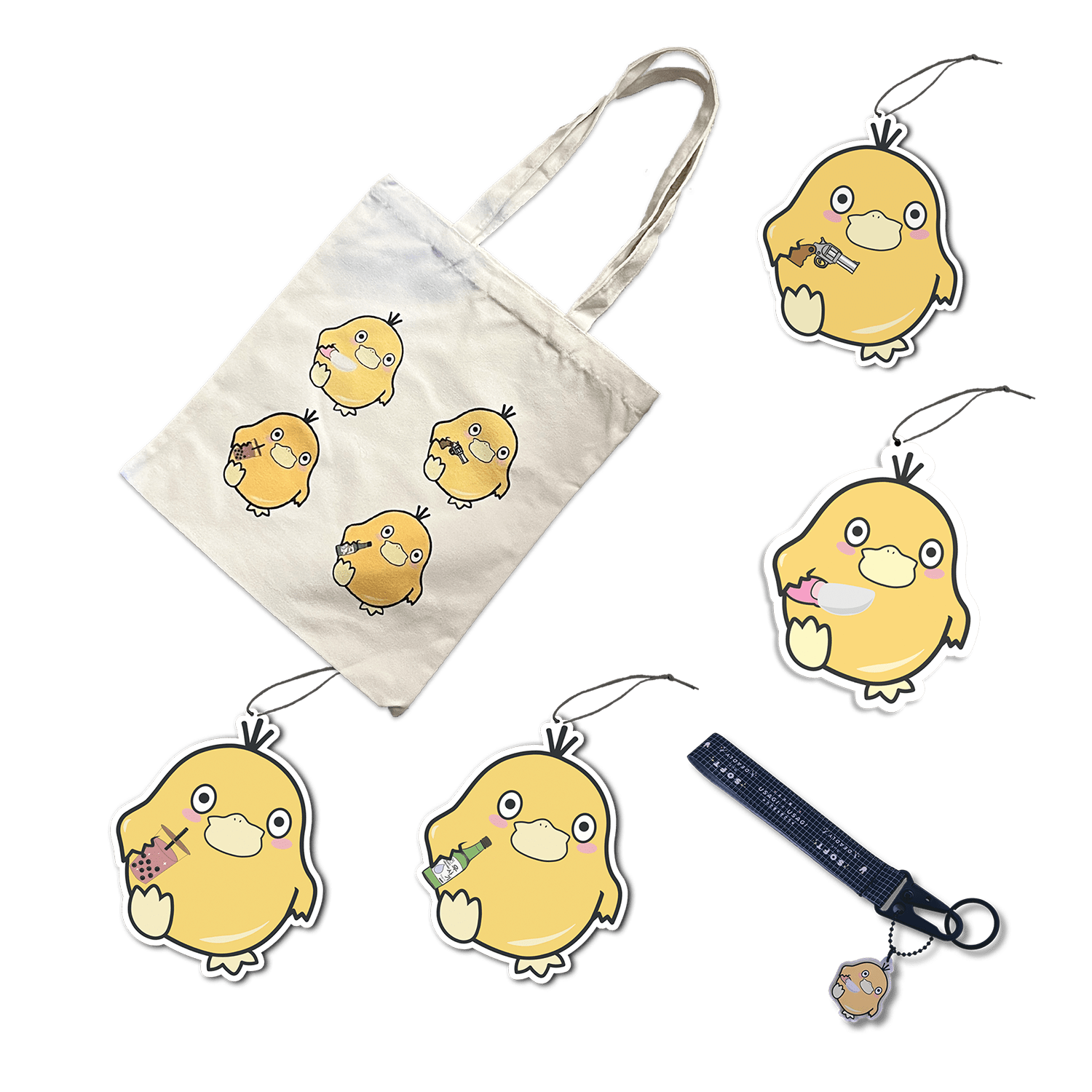 ducky days anime-themed bundle including phone strap, car fresheners, and tote bag.