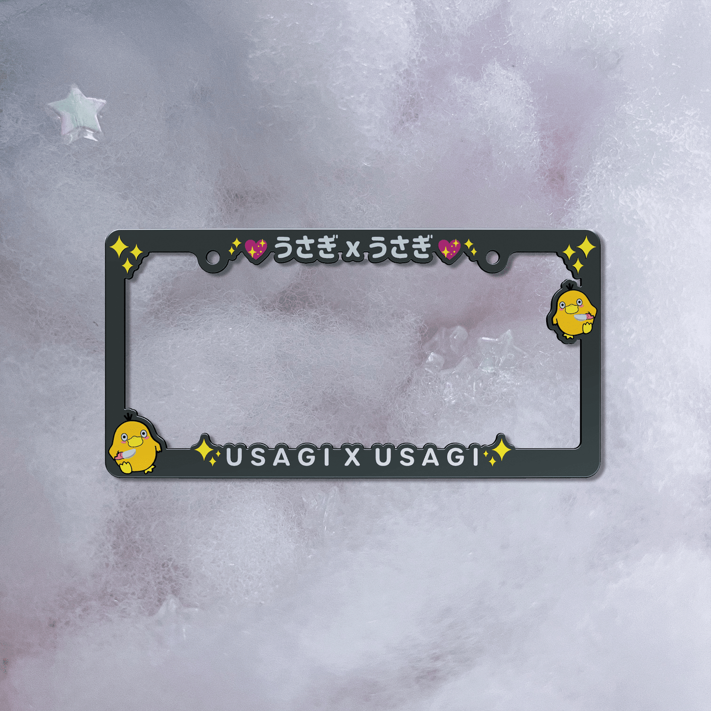 duck with knife with usagi x usagi lettering anime-themed decorative car license plate with printed character design.