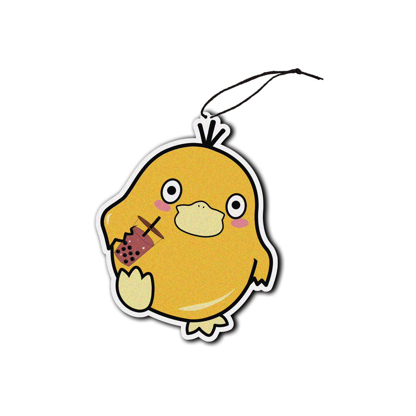 black ice scented design featuring duck holding boba air freshener, decorative hanging car accessory with fragrance.