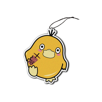 black ice scented design featuring duck holding boba air freshener, decorative hanging car accessory with fragrance.