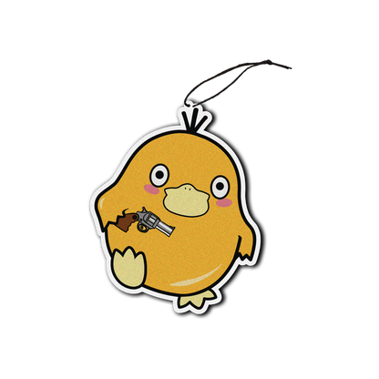 black ice scented design featuring duck holding gun air freshener, decorative hanging car accessory with fragrance.