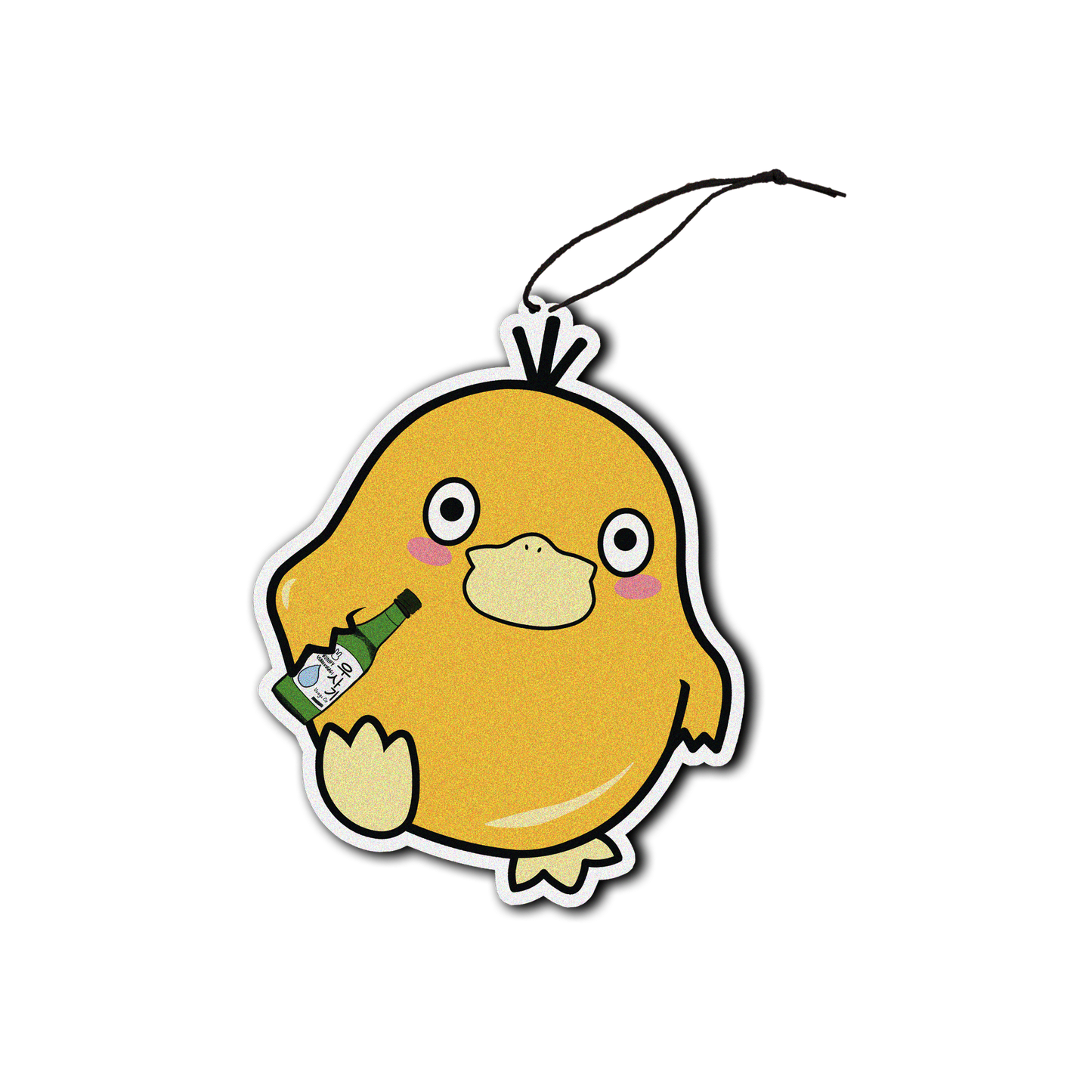 black ice scented design featuring duck holding soju air freshener, decorative hanging car accessory with fragrance.