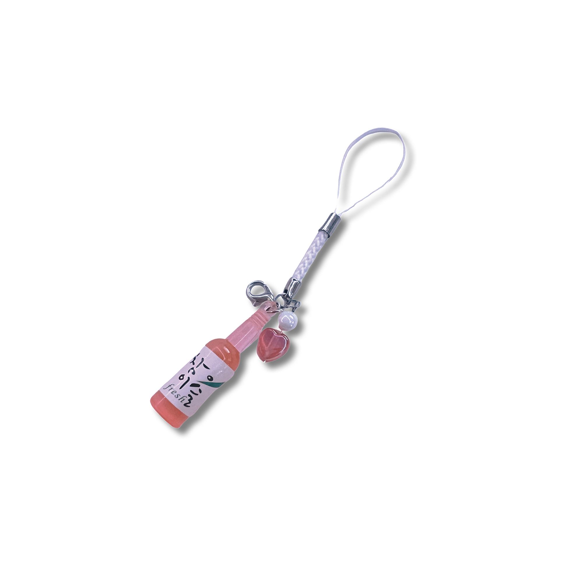 Pink soju bottle charm with pink heart attachment on a white braided phone strap