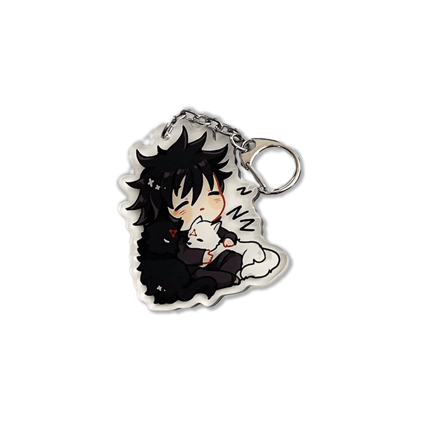 clear acrylic keychain featuring megumi fushiguro from jujutsu kaisen sleeping hugging black and white shikigami puppies