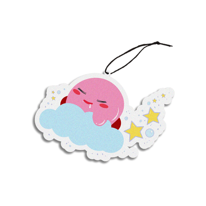 lavender scented design featuring pink puff ball on a cloud air freshener, decorative hanging car accessory with fragrance.