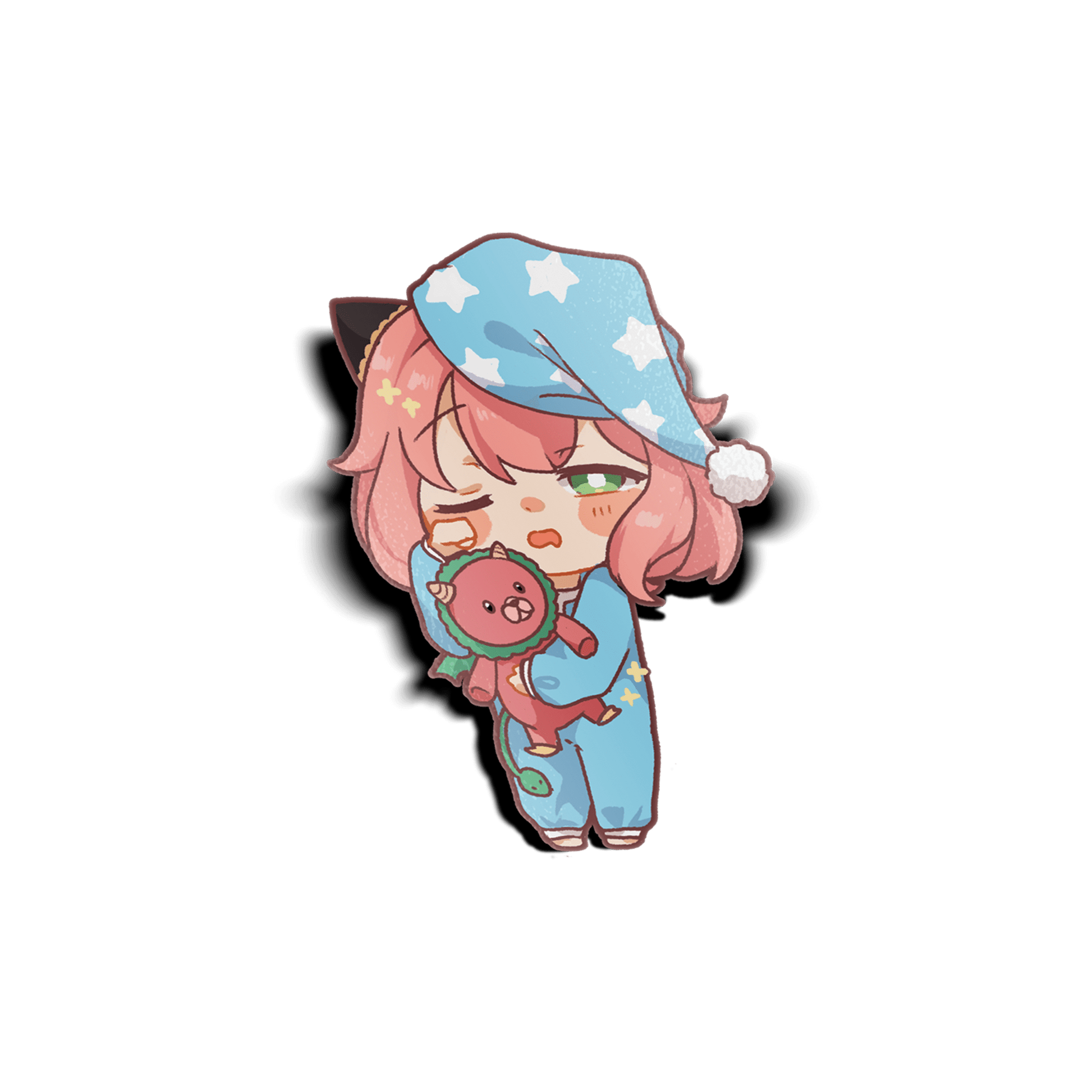 sleepy anya with chimera plushie mini vinyl sticker, decorative waterproof sticker for laptops, water bottles, and cars.
