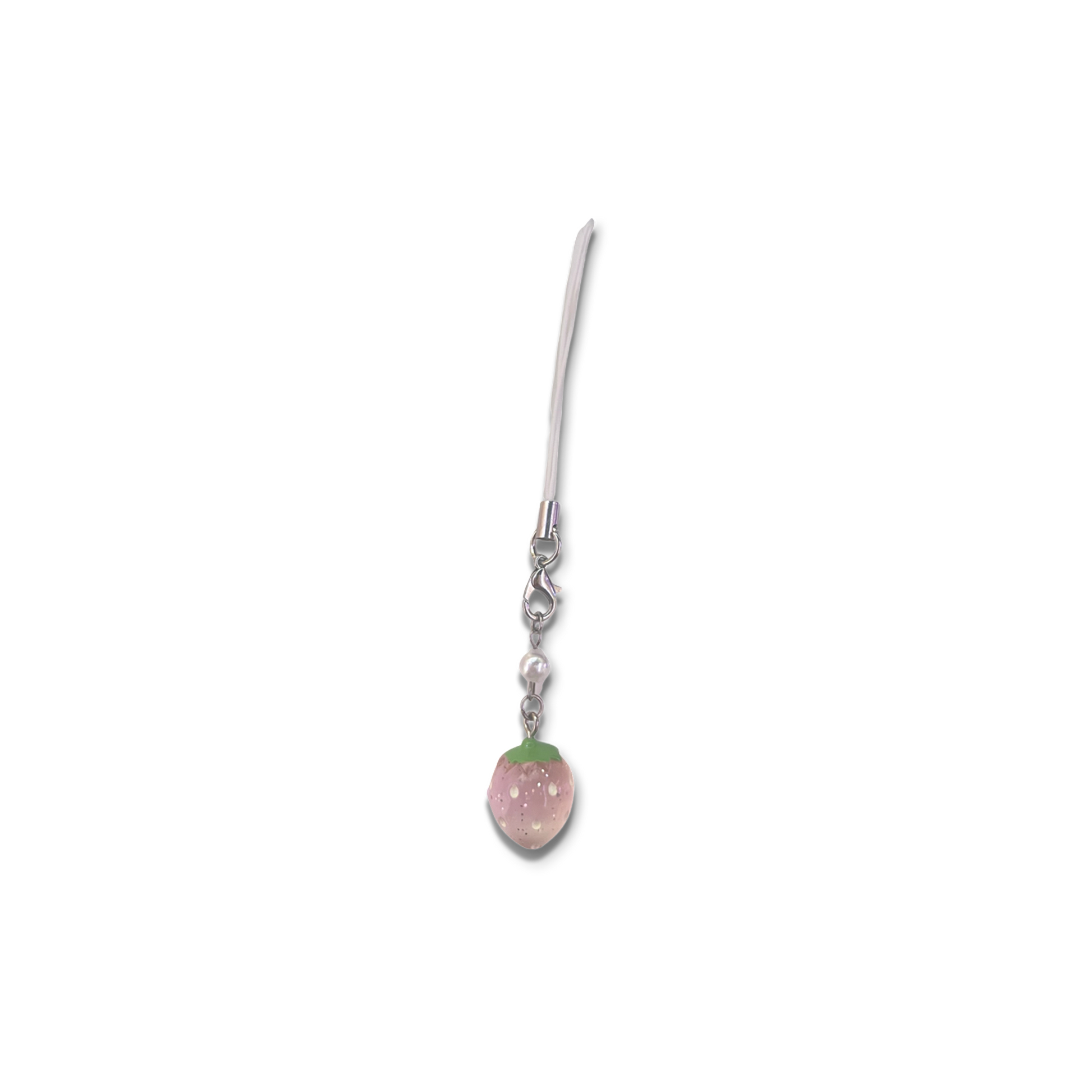 Small light pink strawberry charm with pearlescent bead and basic light pink phone strap.