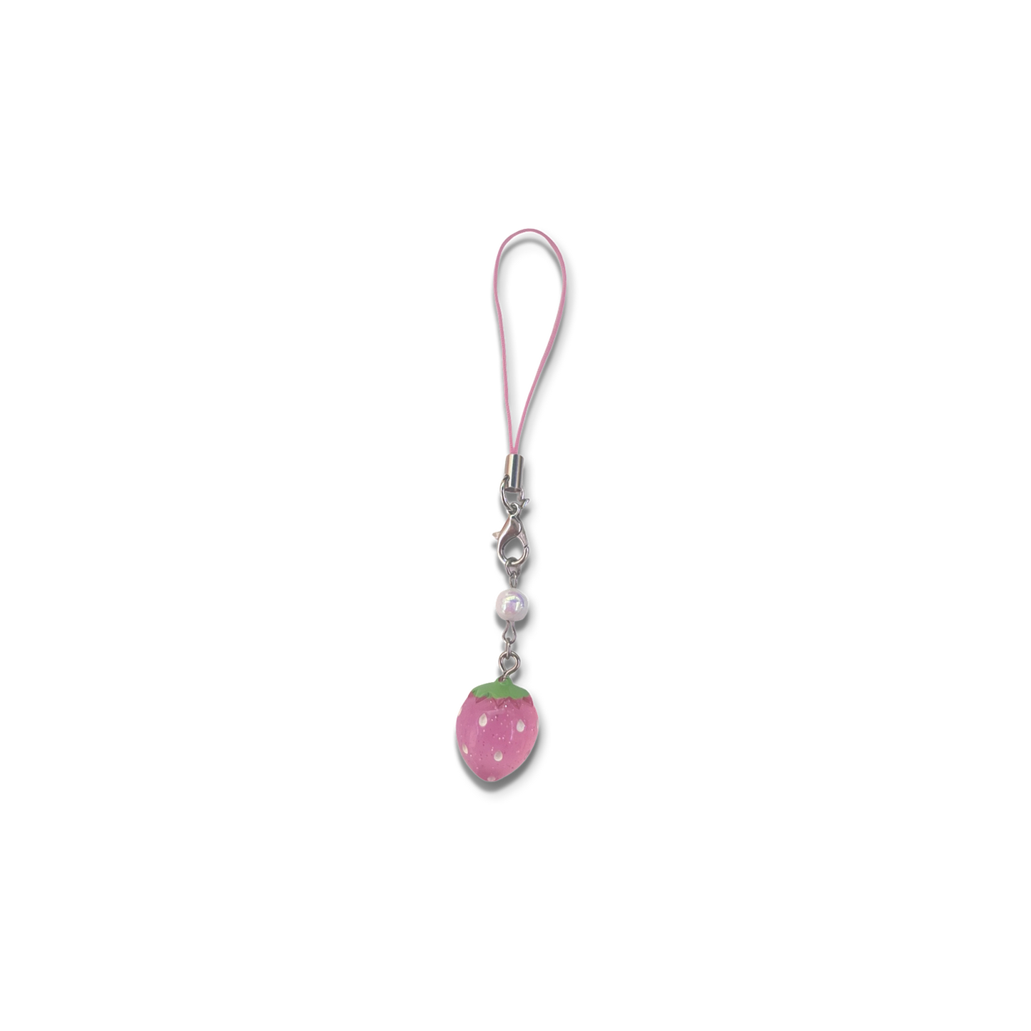 Small pink strawberry charm with pearlescent bead and basic pink phone strap.