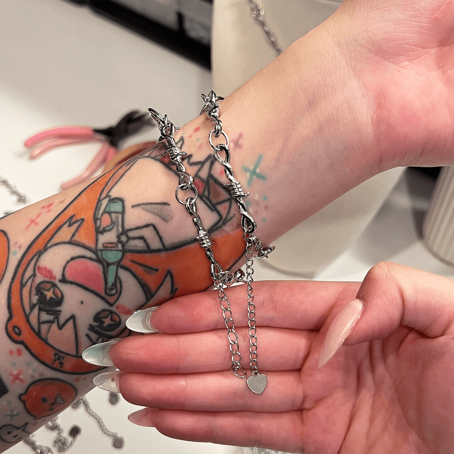 SOFT BUT DEADLY BARBED HEART BRACELET { SILVER HEART HOOK } - Usagi x Usagi, LLC - Jewelry