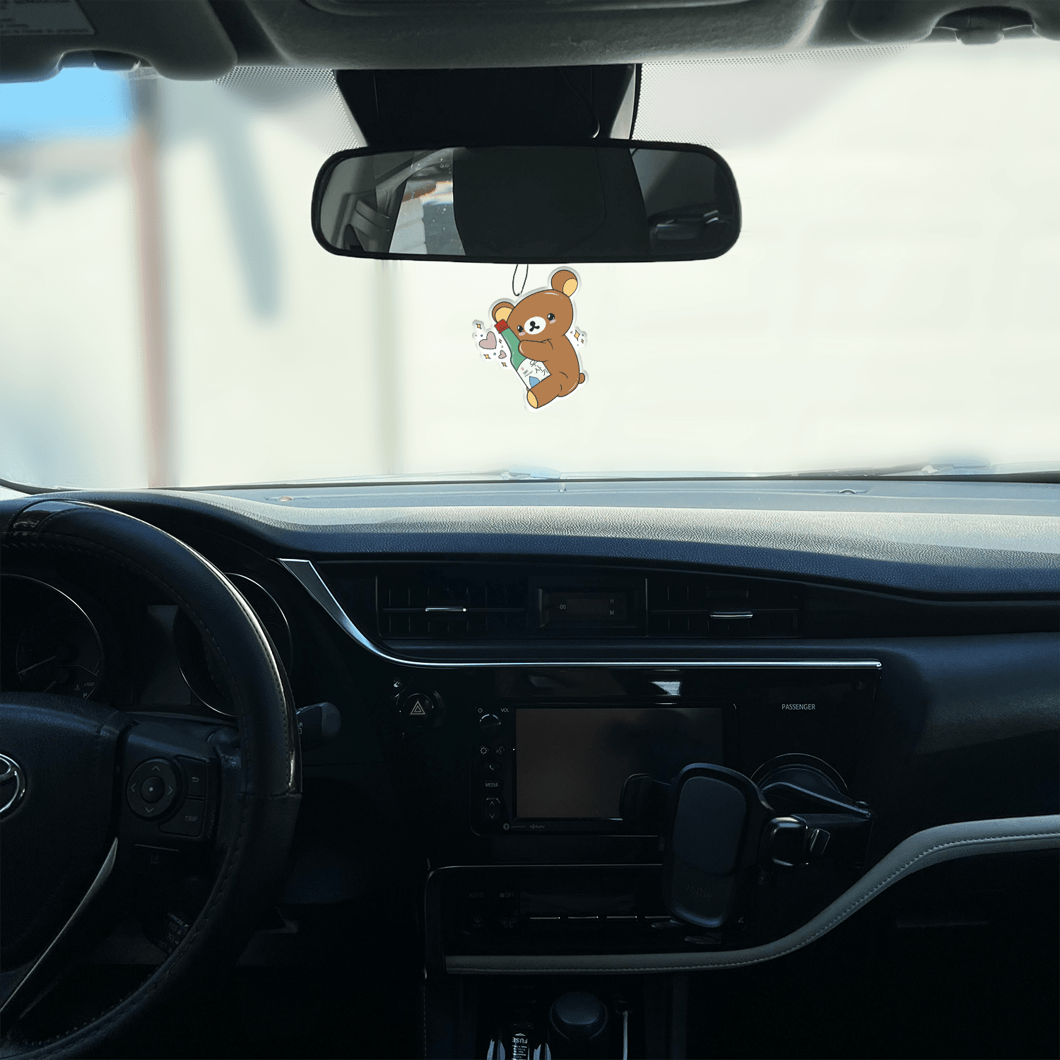 squash scented design featuring bear hugging soju bottle air freshener, decorative hanging car accessory with fragrance.