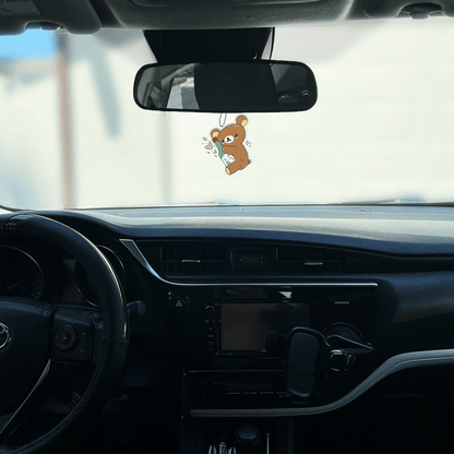 squash scented design featuring bear hugging soju bottle air freshener, decorative hanging car accessory with fragrance.