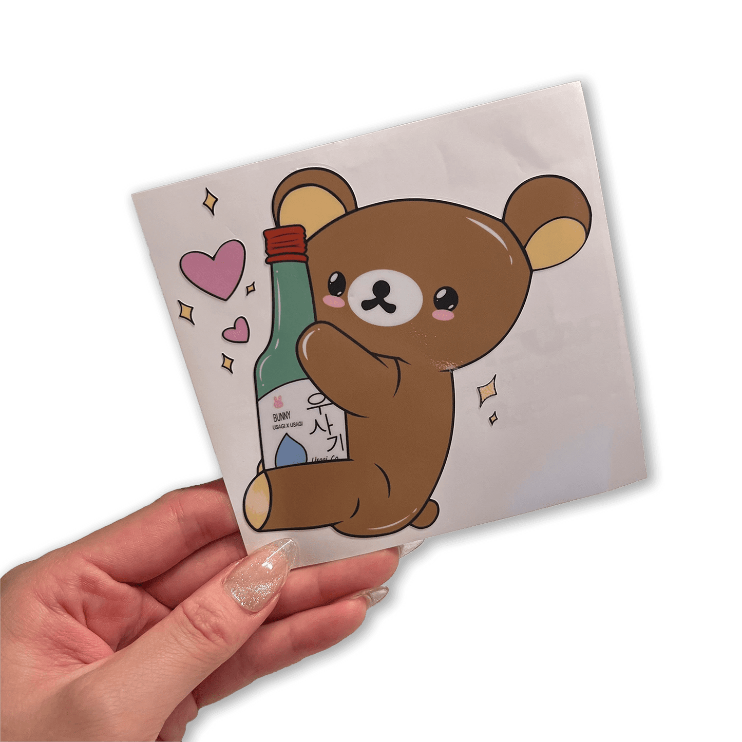 bear hugging soju bottle vinyl sticker, decorative waterproof sticker for laptops, water bottles, and cars.