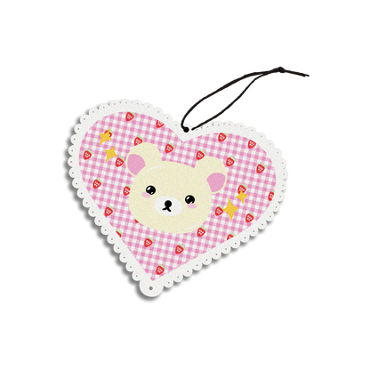 rose scented design featuring white bear in a pink heart car air freshener, decorative hanging car accessory with fragrance.