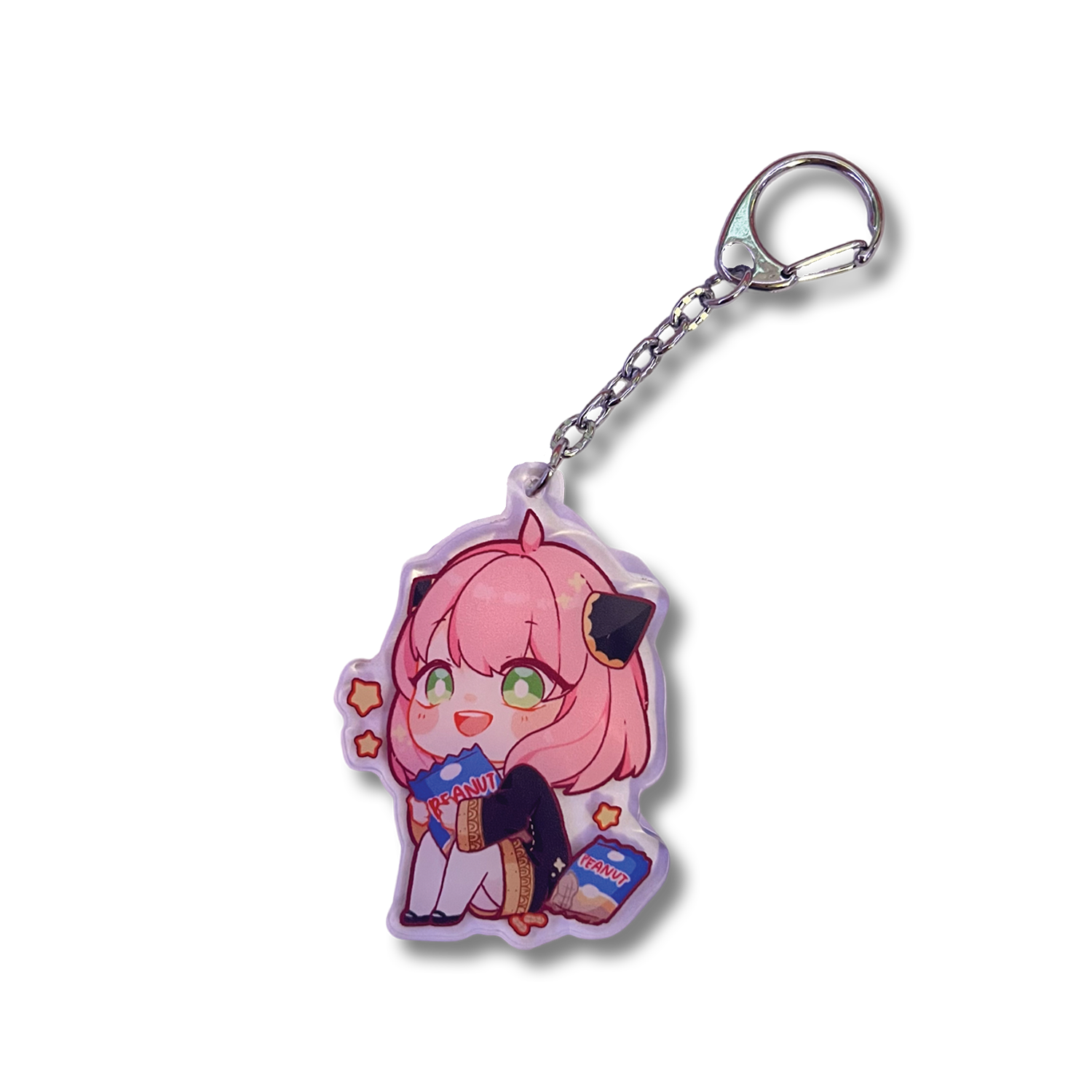 Anya Peanuts Acrylic Keychain features Anya Forger from Spy x Family holding a bag of peanuts in a sitting position.