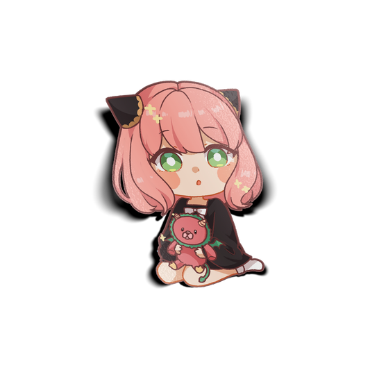 Anya with Plushie Chibi Mini Sticker design features Anya Forger from Spy x Family holding a chimera plushie in a sitting position.