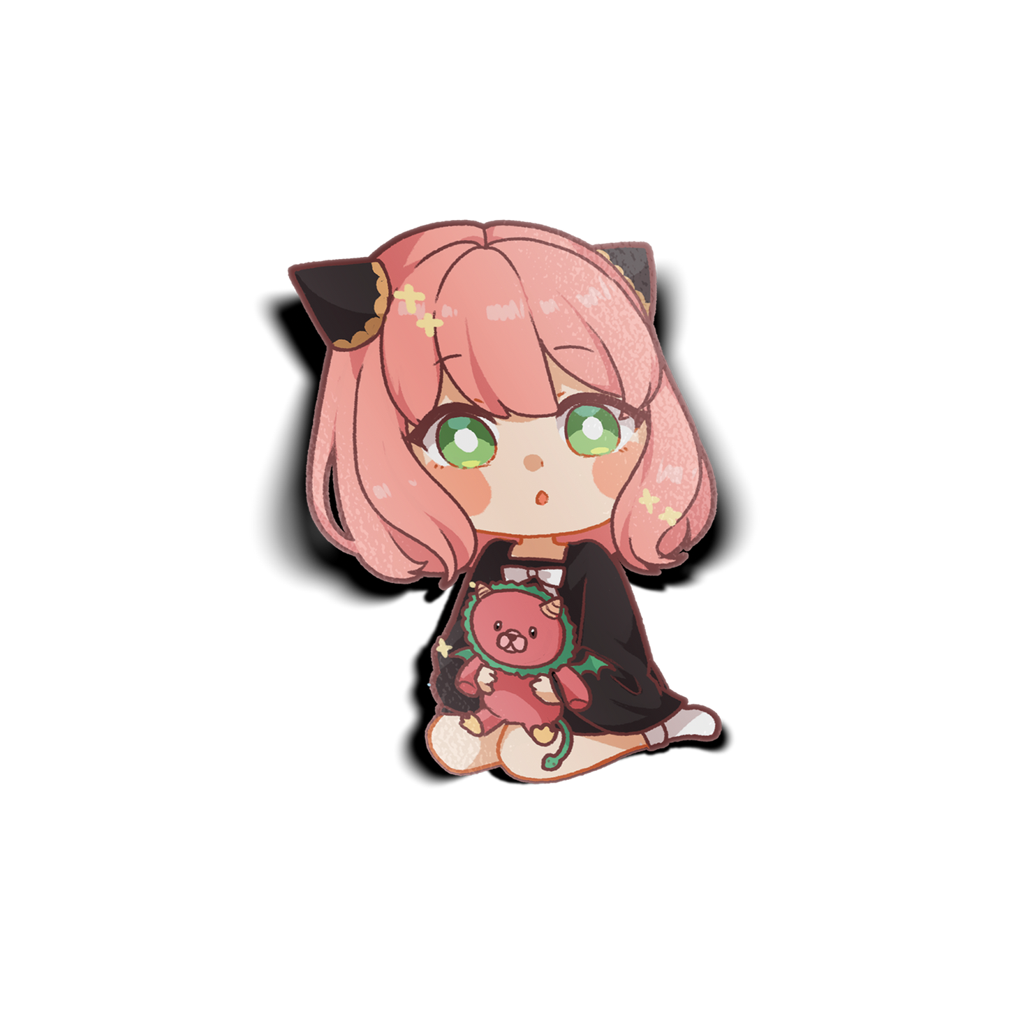 Anya with Plushie Chibi Mini Sticker design features Anya Forger from Spy x Family holding a chimera plushie in a sitting position.