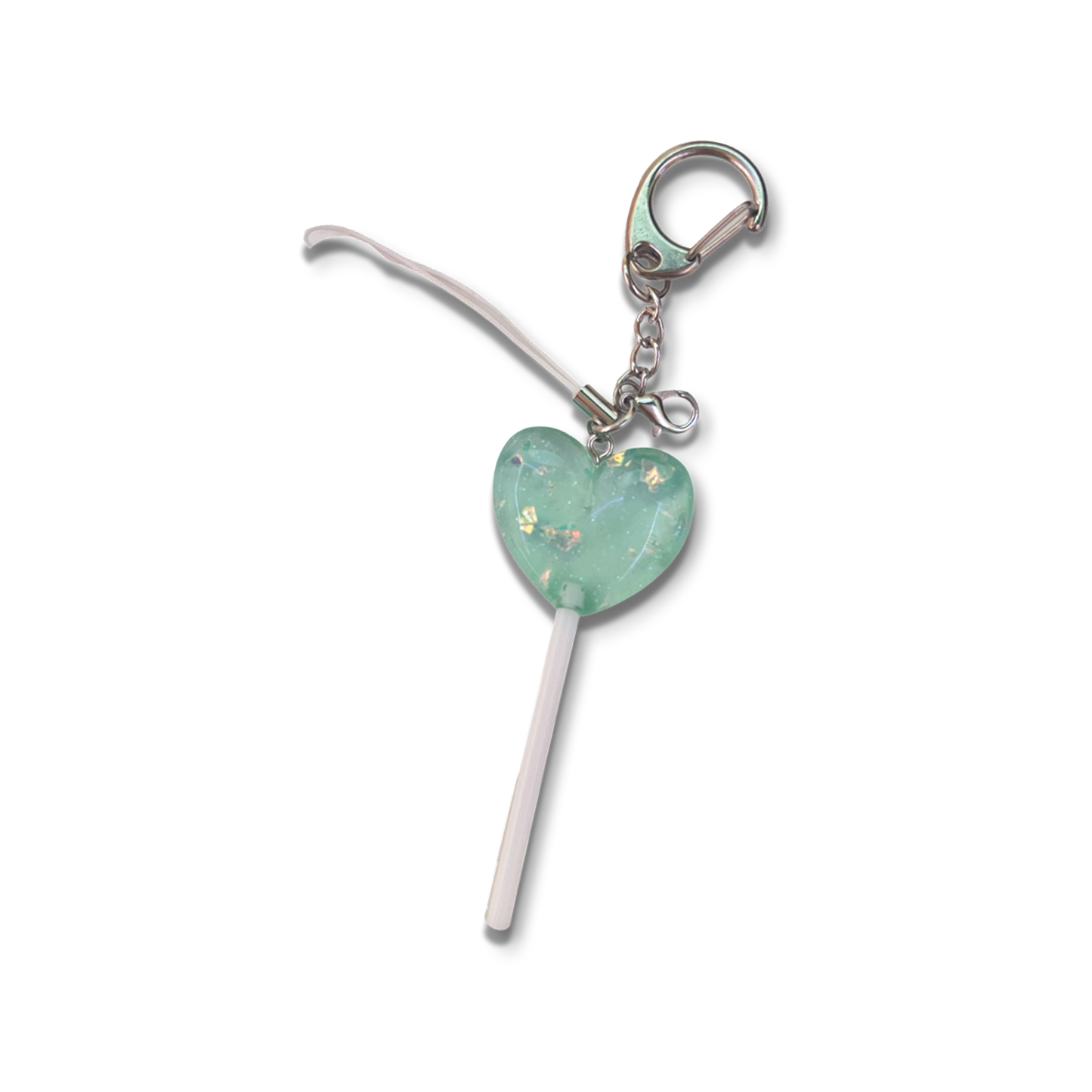 Big blue sparkly lollipop with keychain and basic white phone strap.