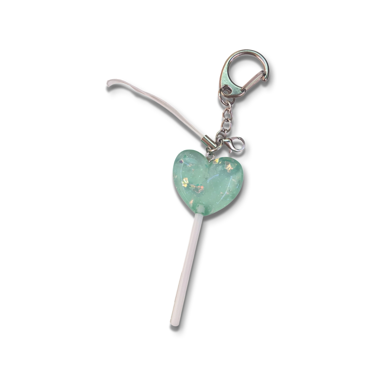 Big blue sparkly lollipop with keychain and basic white phone strap.