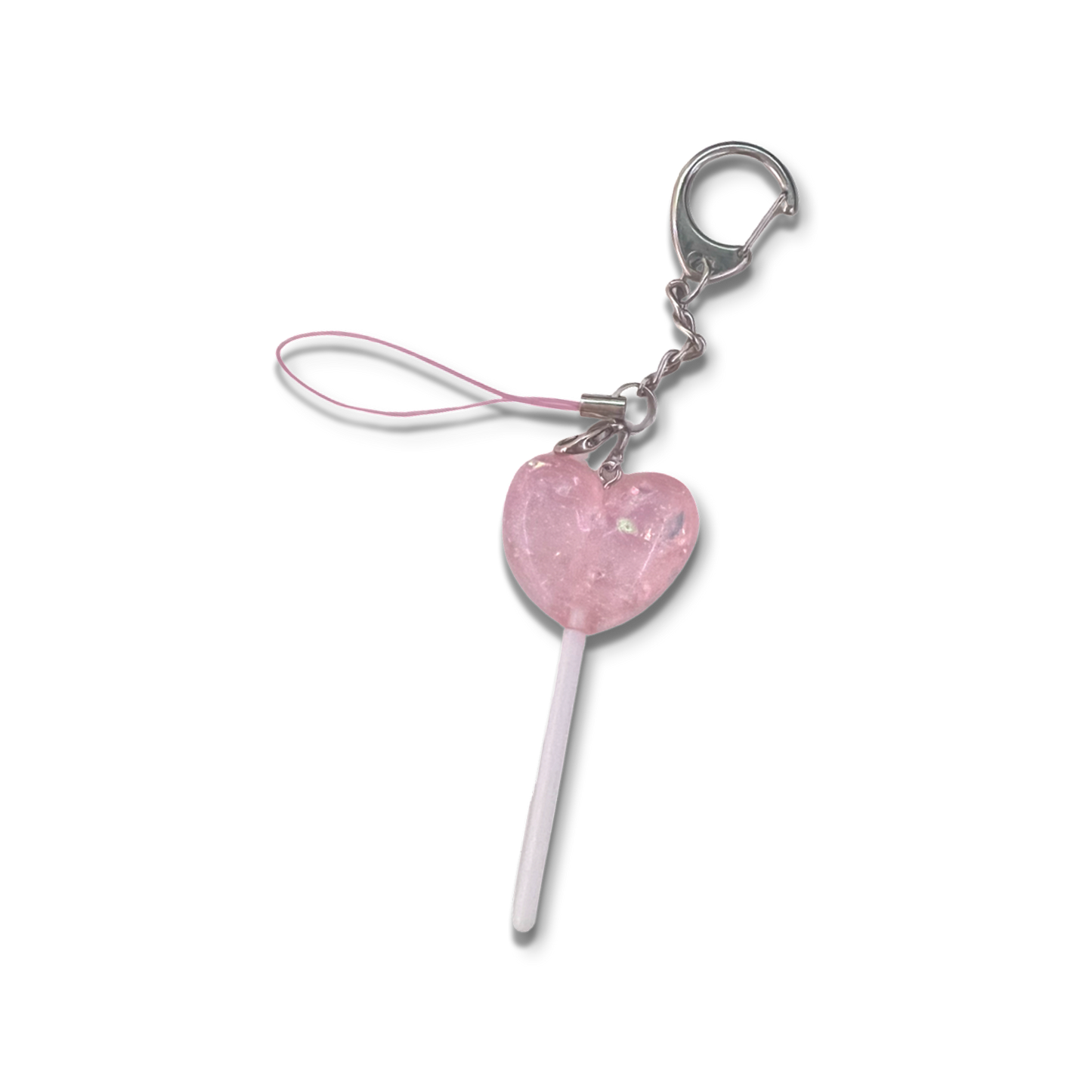 Big pink sparkly lollipop with keychain and basic pink phone strap.