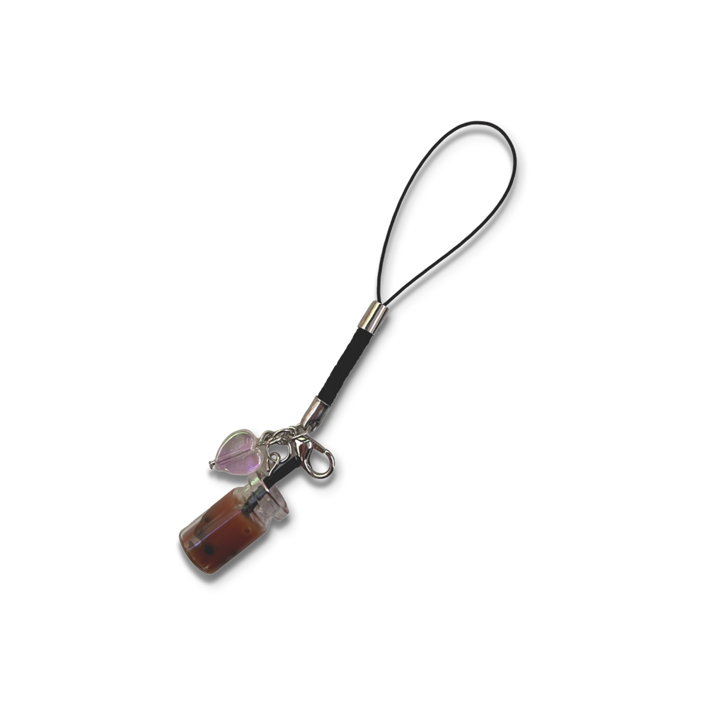 Brown boba charm with holographic heart charm and black braided phone strap.
