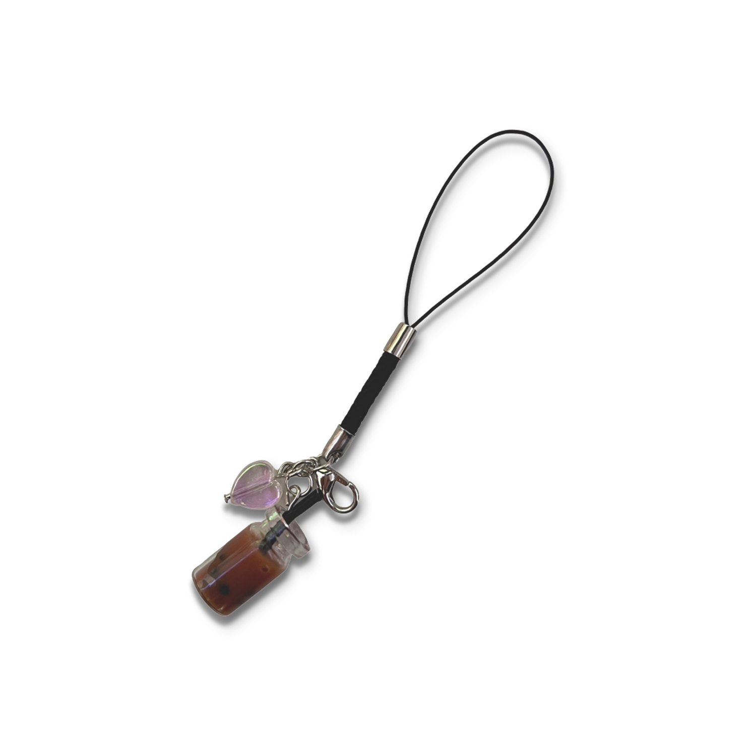 Brown boba charm with holographic heart charm and black braided phone strap.