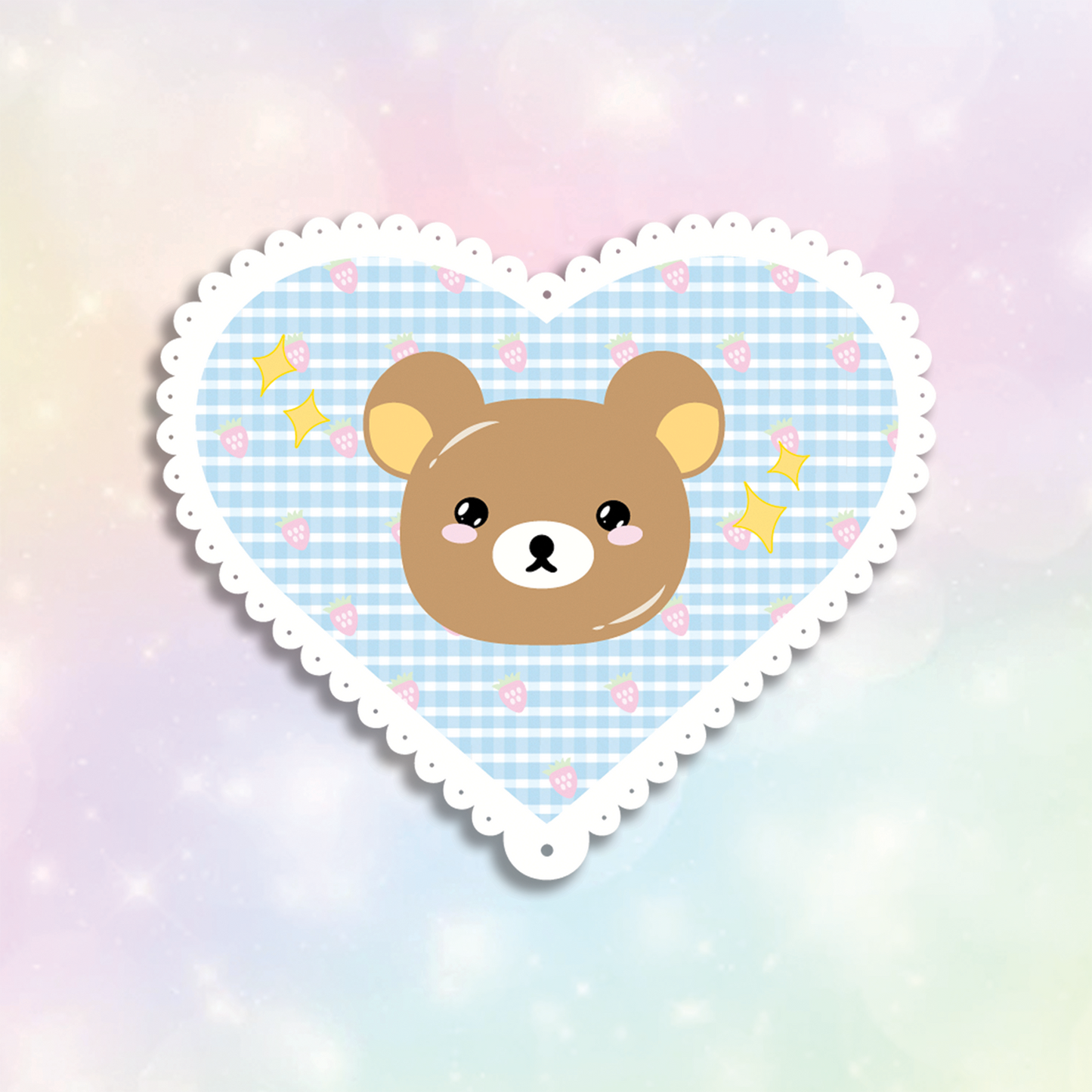 Brown Bear Sticker design is a brown bear inside a blue lace-scalloped heart with yellow sparkles.