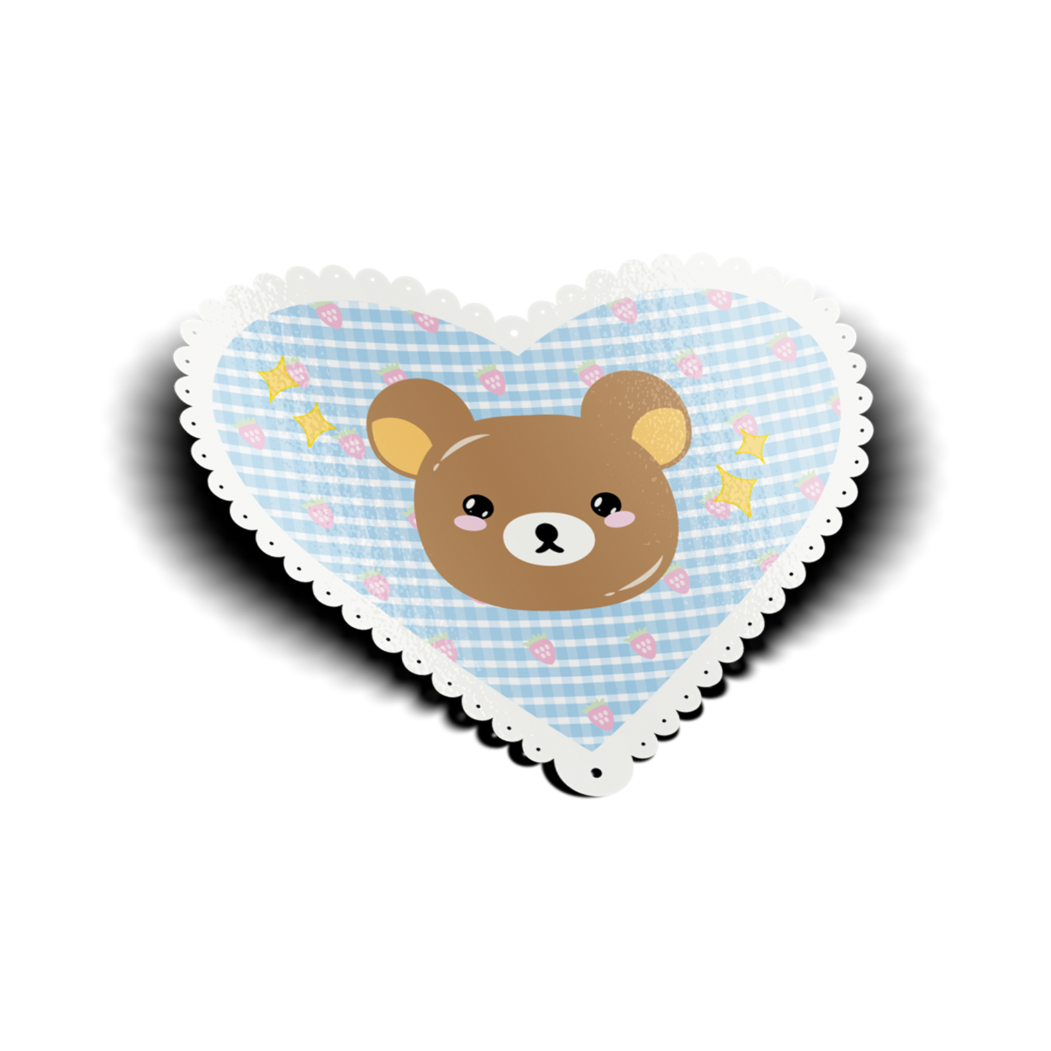 Brown Bear Sticker design is a brown bear inside a blue lace-scalloped heart with yellow sparkles.