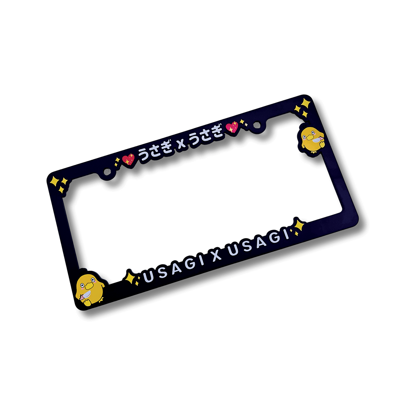 duck with knife with usagi x usagi lettering anime-themed decorative car license plate with printed character design.