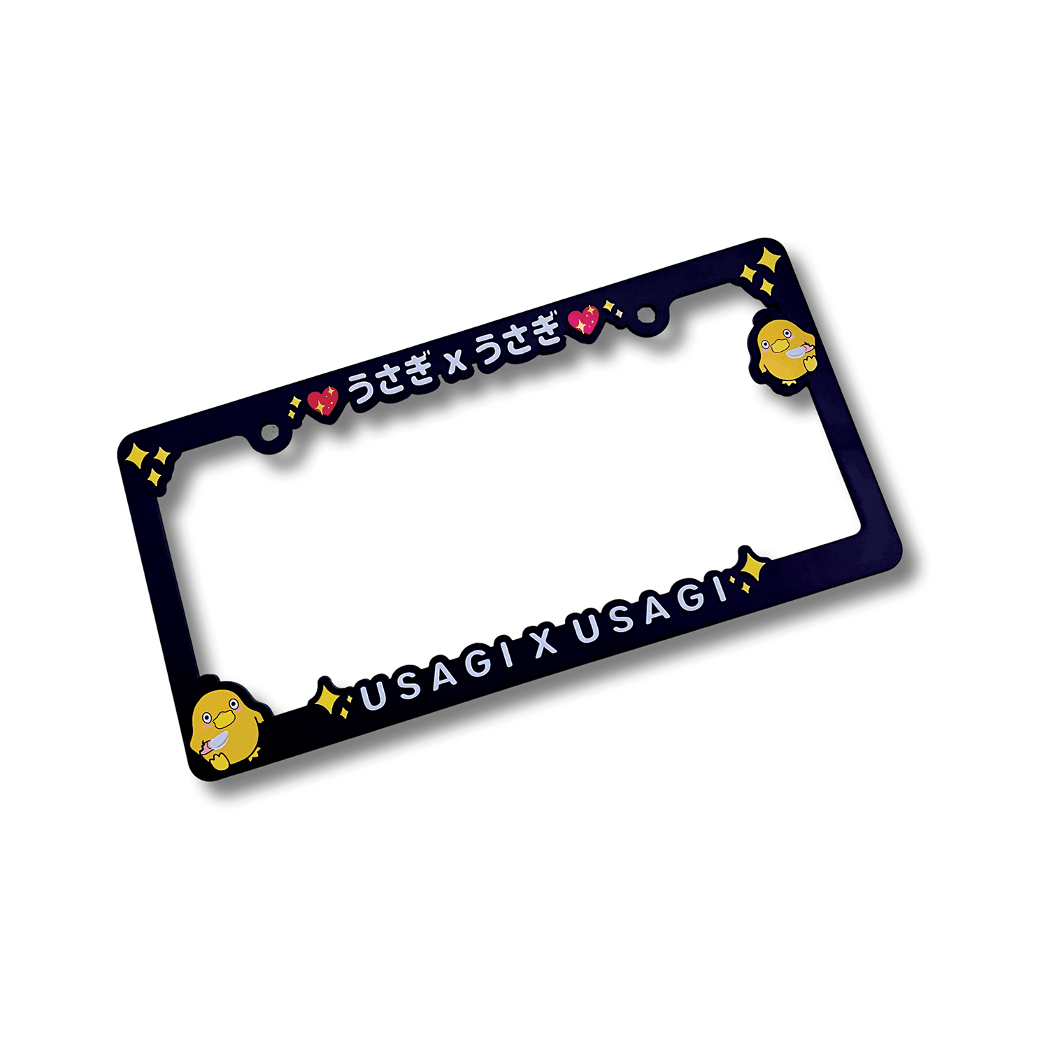 duck with knife with usagi x usagi lettering anime-themed decorative car license plate with printed character design.