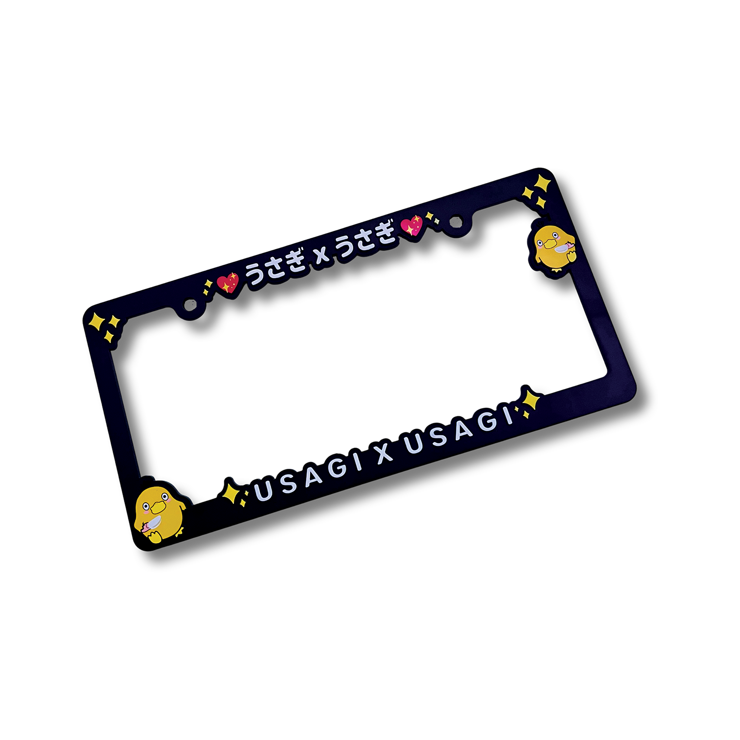 Psyduck License Plate features black plastic license plate with brand logo in Japanese characters and English text, 'USAGI X USAGI' with yellow sparkles and two Psyduck with Knife characters on each respective side.